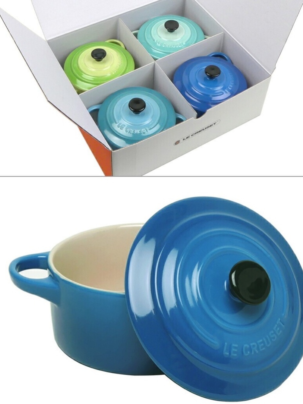 Le Creuset Mini Cocotte Set of 4 Green Blue Stoneware